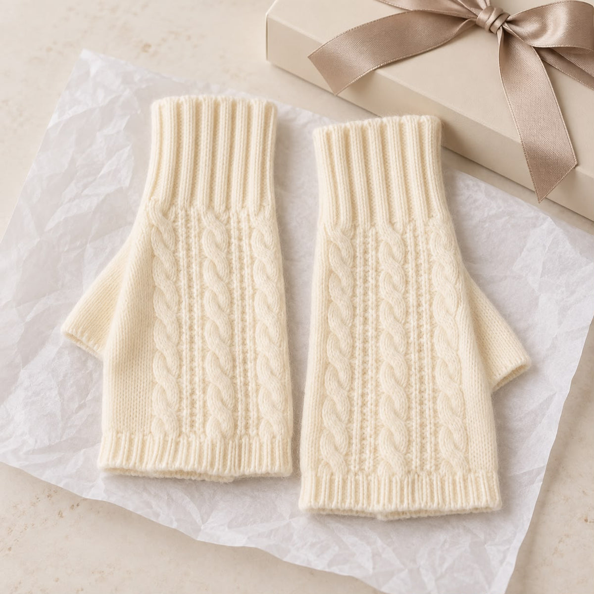 Cream Cosy Cable Knit Fingerless Gloves