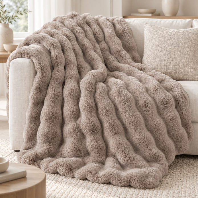 Beige Luxury Faux Fur Blanket Throw, beige faux fur throw draped over an armchair