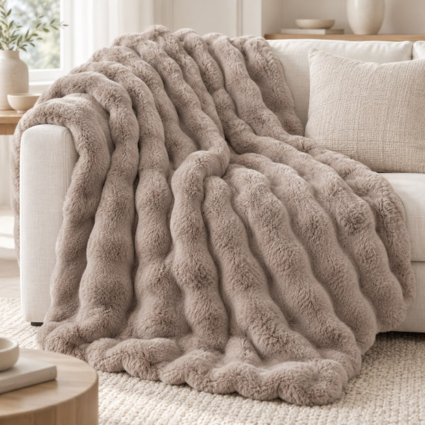 Beige Luxury Faux Fur Blanket Throw, beige faux fur throw draped over an armchair