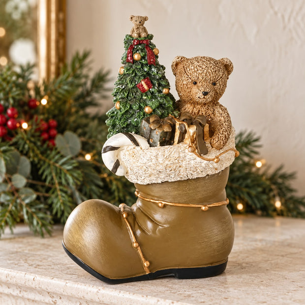 Traditional Teddy & Tree In Boot Ornament