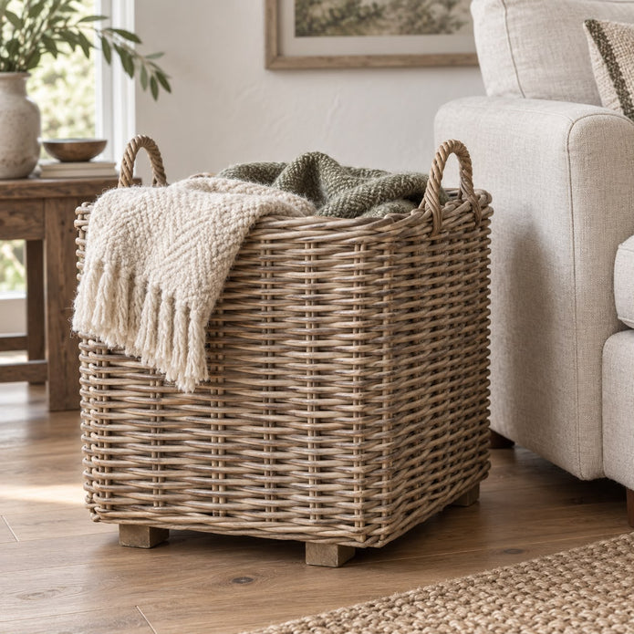 Square planter basket with rattan lining, ideal for home decor, by Pacific Lifestyle Ltd, shown with plants inside.