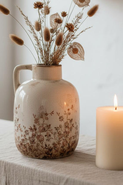 Autumnal Floral Print Vase - Medium, cream handled floral vase with dried stems beside a candle