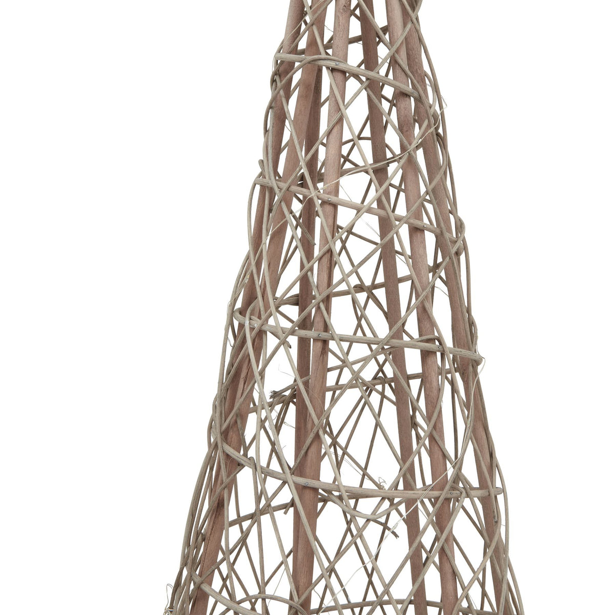 Detail of the open wicker weave and structural supports on the rattan Christmas tree.