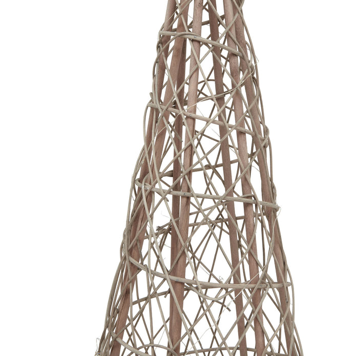 Detail of the open wicker weave and structural supports on the rattan Christmas tree.