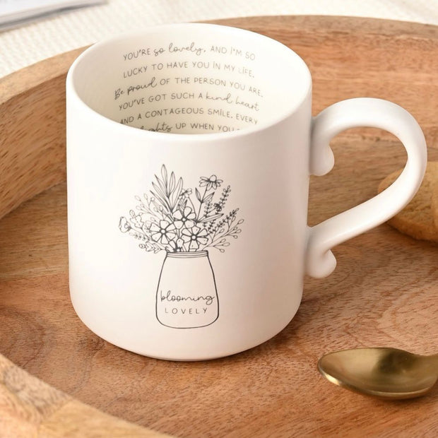 Beige Moments Mug - Blooming Lovely, cream floral mug showing writing inside the rim