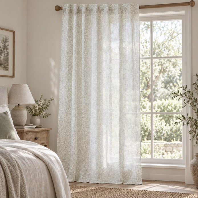 Yard Leaf Patterned Natural Woven Sheer Voile Curtain Panel