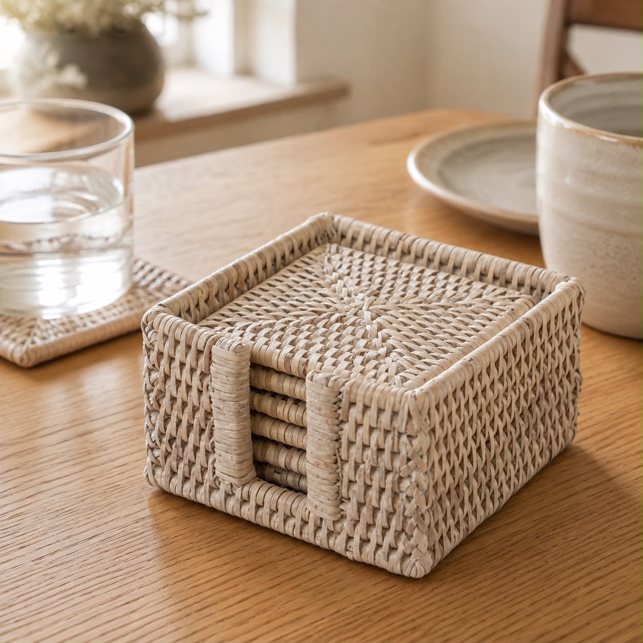 Rattan Square Coaster Set & Holder