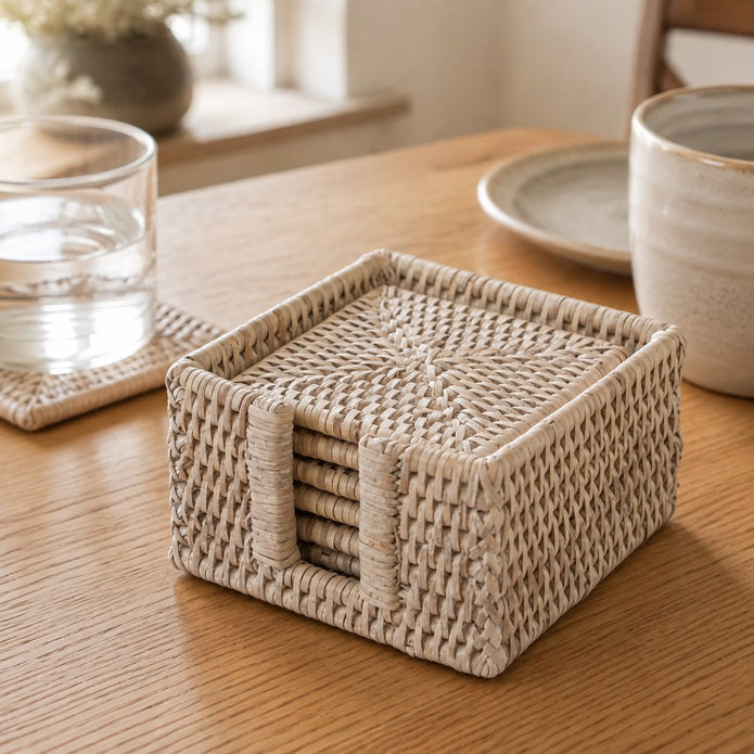 Rattan Square Coaster Set & Holder