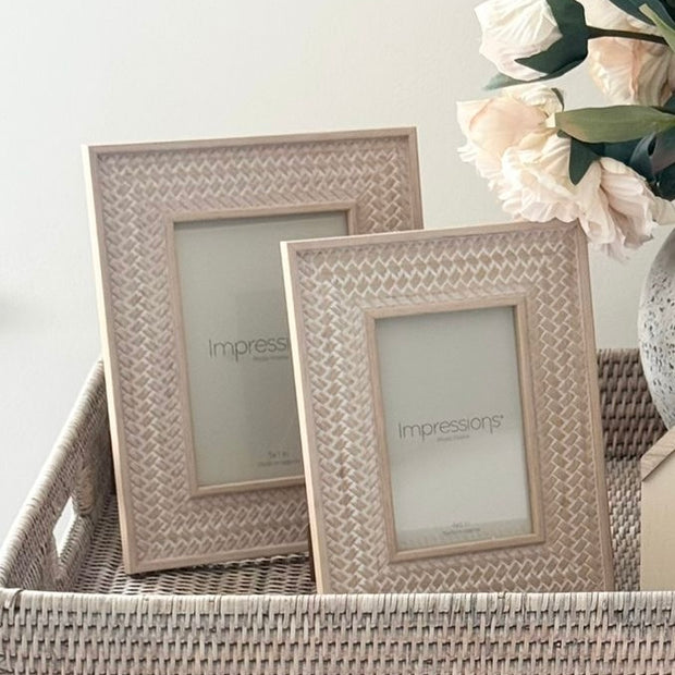 Rattan Weave Effect Frame, two pale woven-effect frames in a rattan tray