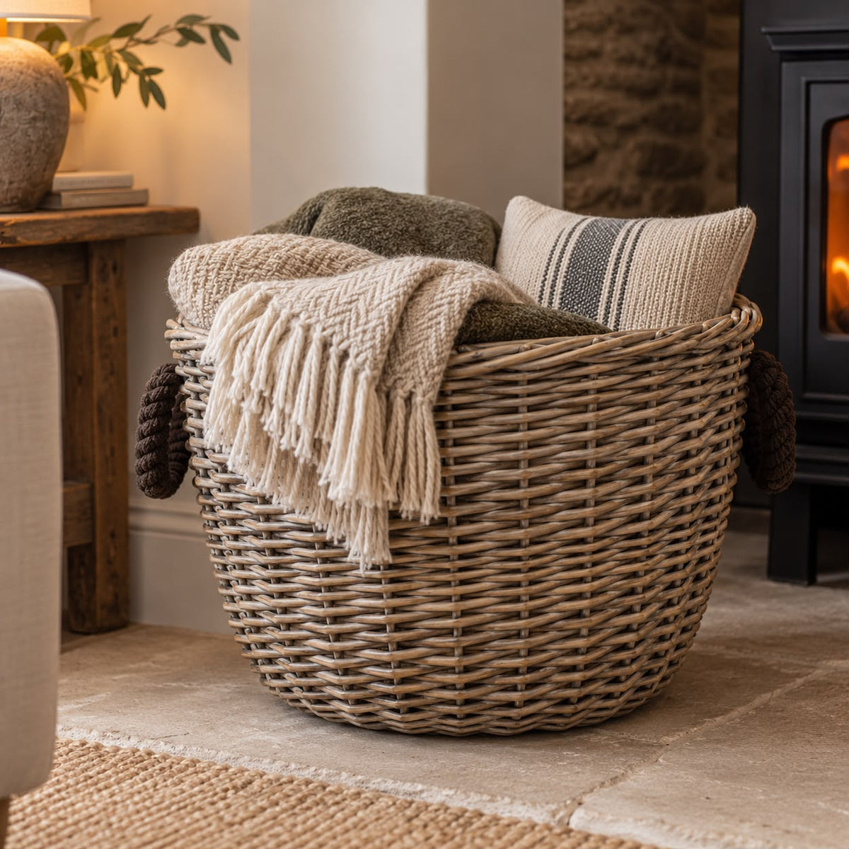 Round Log Basket with Rope Handles