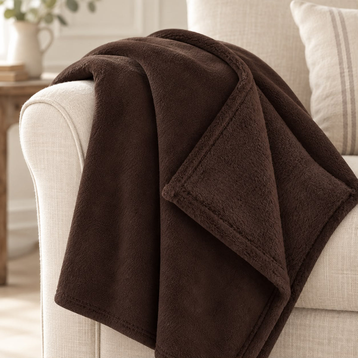 Chocolate Brown Luxury Snuggle Blanket Throw, close-up of the chocolate brown throw folded over a sofa arm