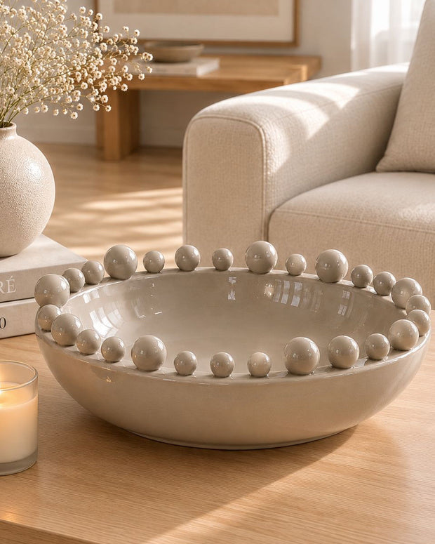 Round Extra Large Beige Bobble Edged Bowl