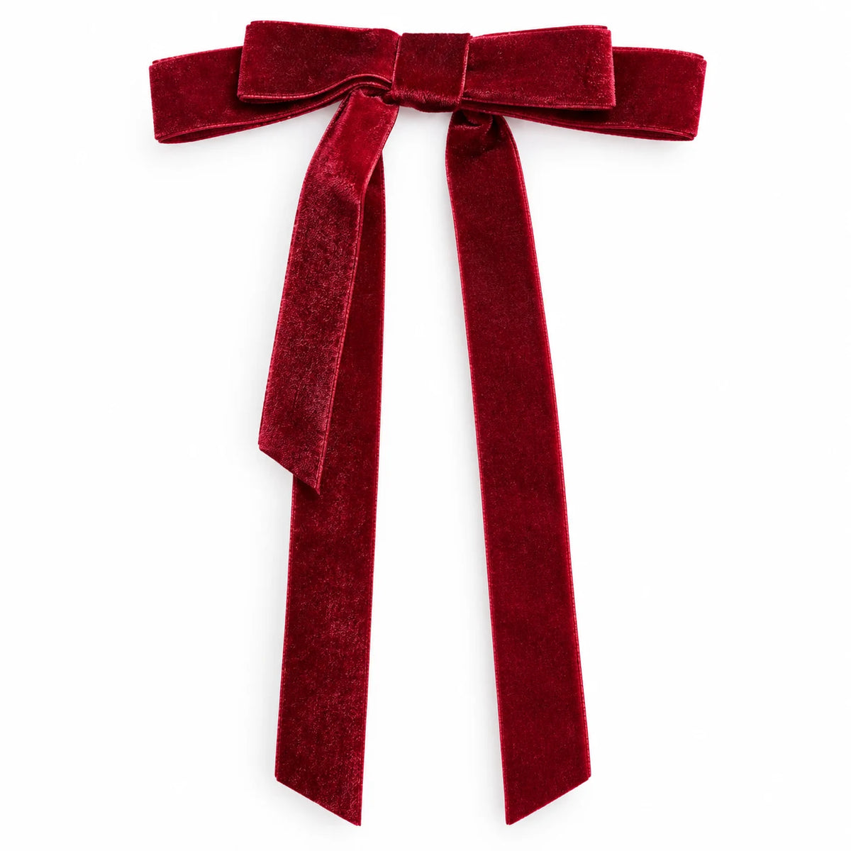 Burgundy long-tail velvet bow showing its central knot and hanging ribbon tails.