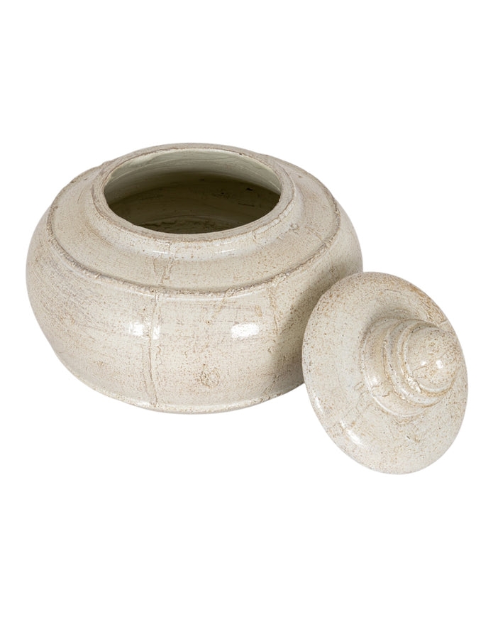 Tarn Neutral Glazed Lidded Pot vase by Hill Interiors, ceramic with a glossy finish and lid, suitable for decorative display.