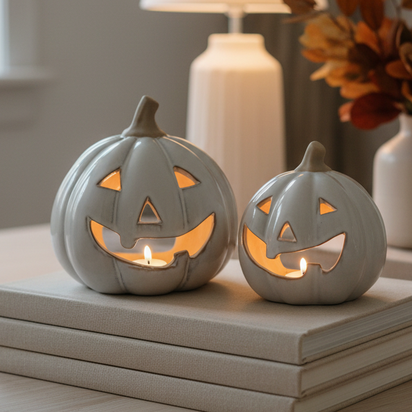 Stone Glazed Ceramic Pumpkin Tealight Candle Holder