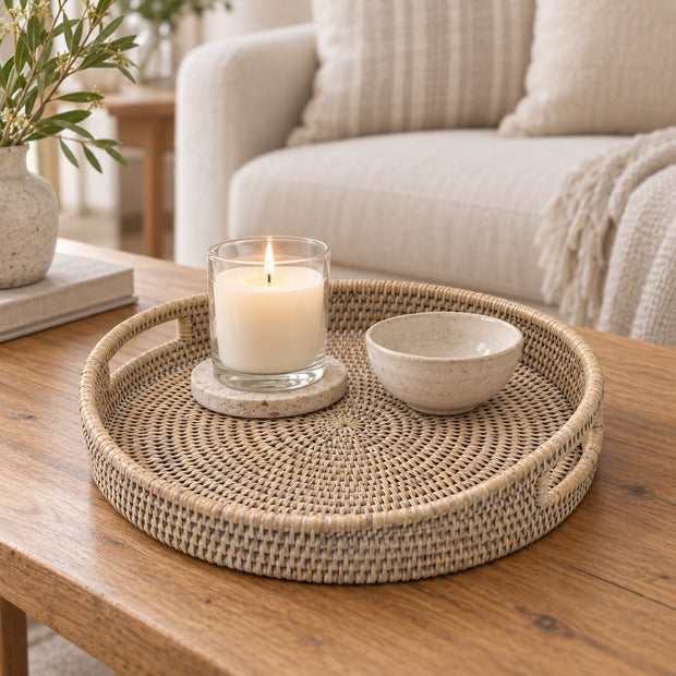 Wickham Rattan Oval Tray With Handles, oval woven tray holding a candle and bowl on a wooden table