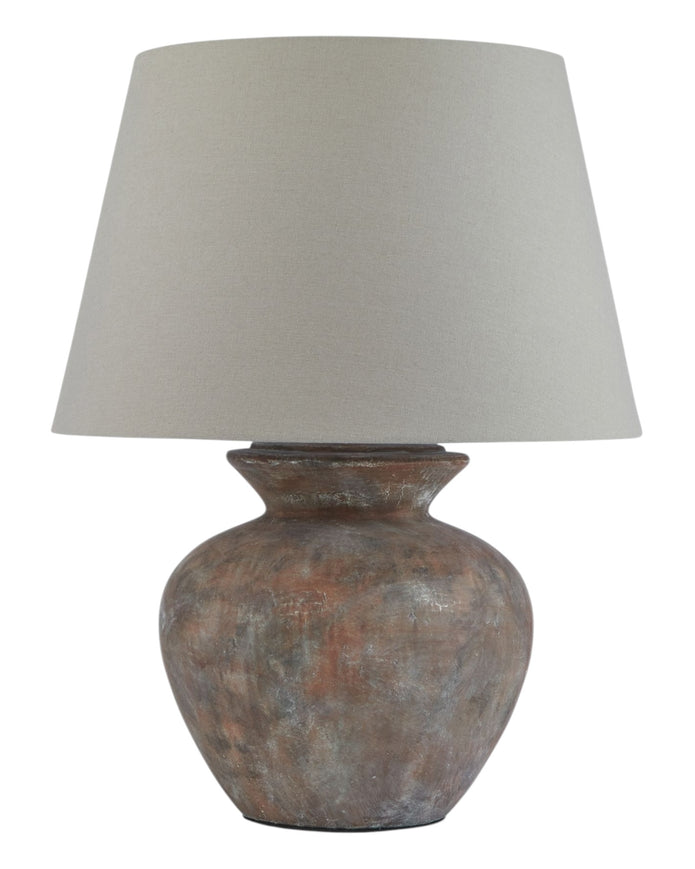 Large brown round table lamp with linen shade from Hill Interiors, ideal for home decor lighting and aesthetic enhancement.