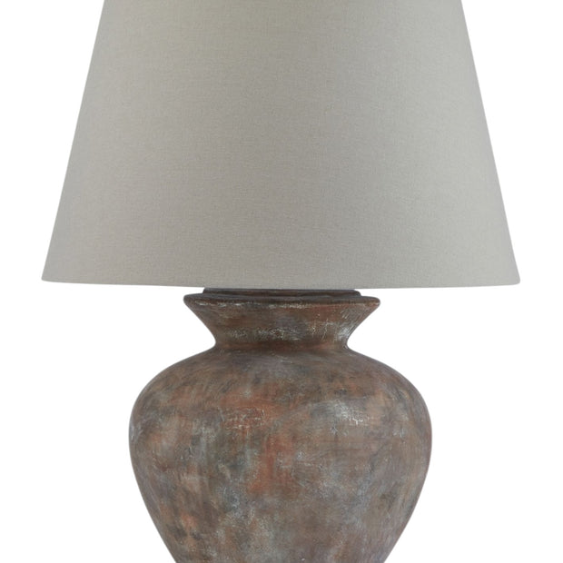 Large brown round table lamp with linen shade from Hill Interiors, ideal for home decor lighting and aesthetic enhancement.