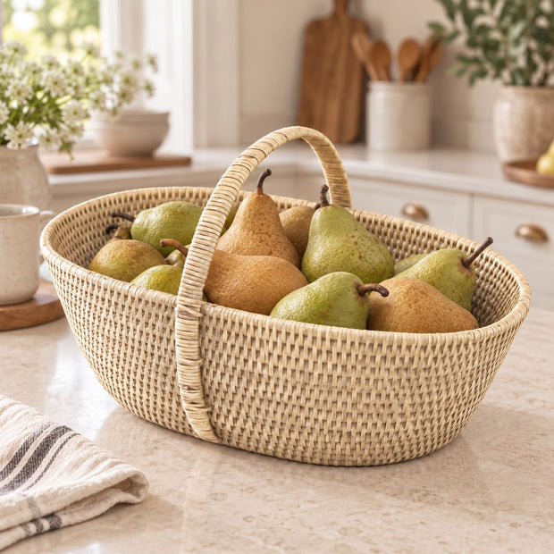 Wickham Rattan Handled Shopping Basket, handled woven basket filled with pears in a kitchen