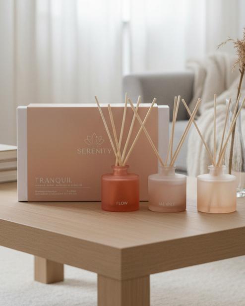 Serenity Tranquil Set of 3 Diffusers - Flow Balance & Breathe, three peach and coral diffusers with reeds and their gift box on a table