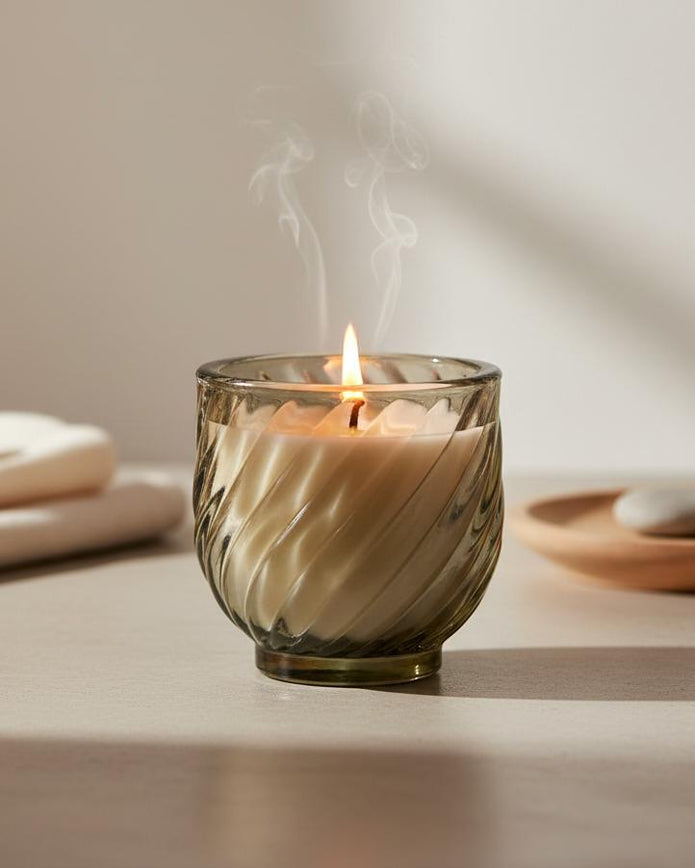 Olive Green Glass Twisted Candle - Lime, Basil & Mandarin