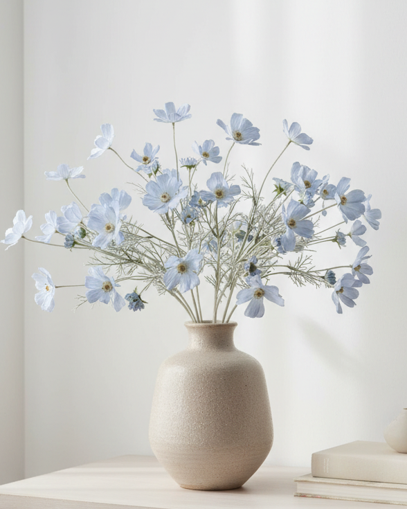 Artificial ocean blue cosmos flower stem from Starlight Express, detailed faux plant with vibrant blue petals and green foliage.
