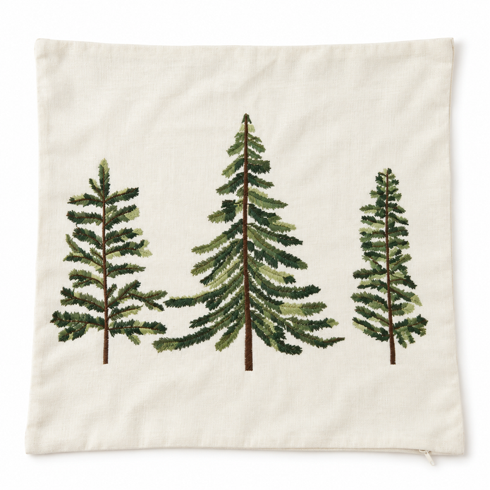 Cream And Green Embroidered Christmas Tree Cushion Cover
