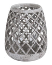 Round stone effect lattice hurricane lantern for home decor, featuring a textured stone surface and intricate lattice design.