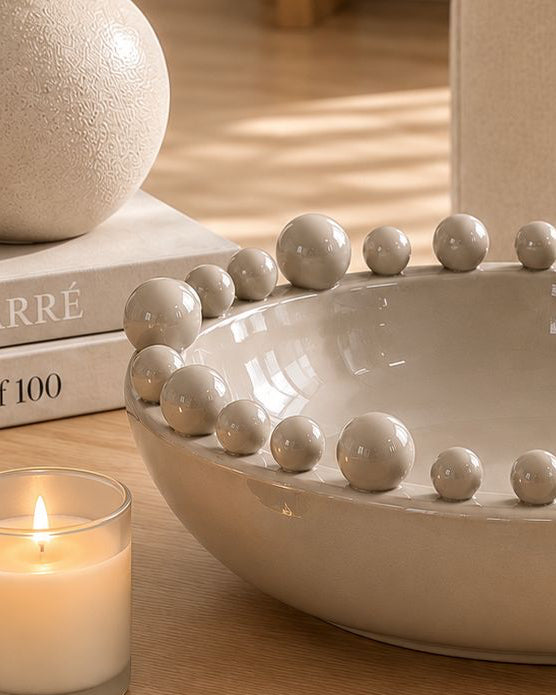 Round Extra Large Beige Bobble Edged Bowl