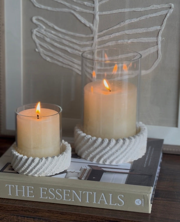 Neutral textured hurricane candle holder by Satchville, showcasing a cylindrical glass design with a textured surface for home decor.