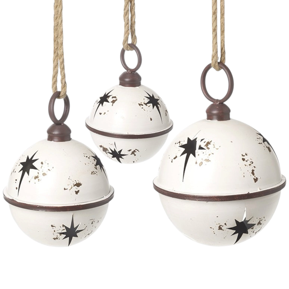 White Round Hanging Metal Bells, three white bells with rope hangers on white