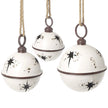 White Round Hanging Metal Bells, three white bells with rope hangers on white