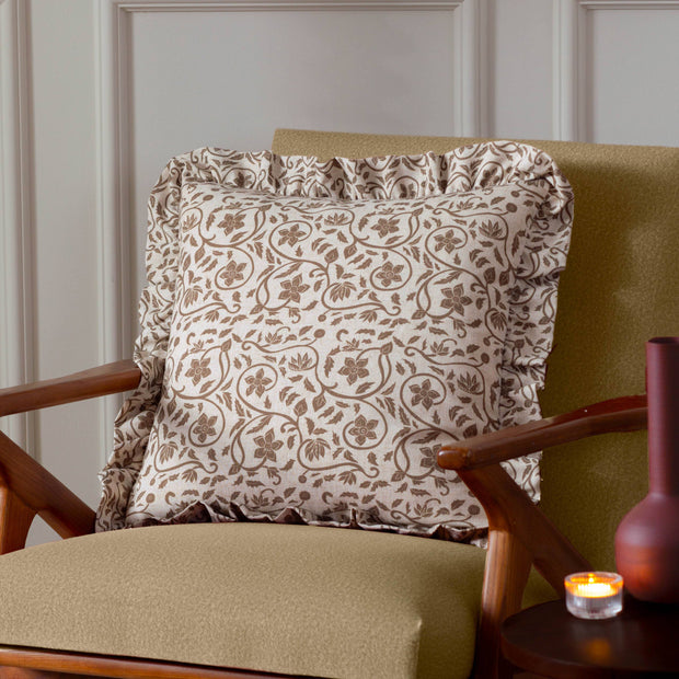 Beige Linen Filigree Printed Ruffle Cushion Cover