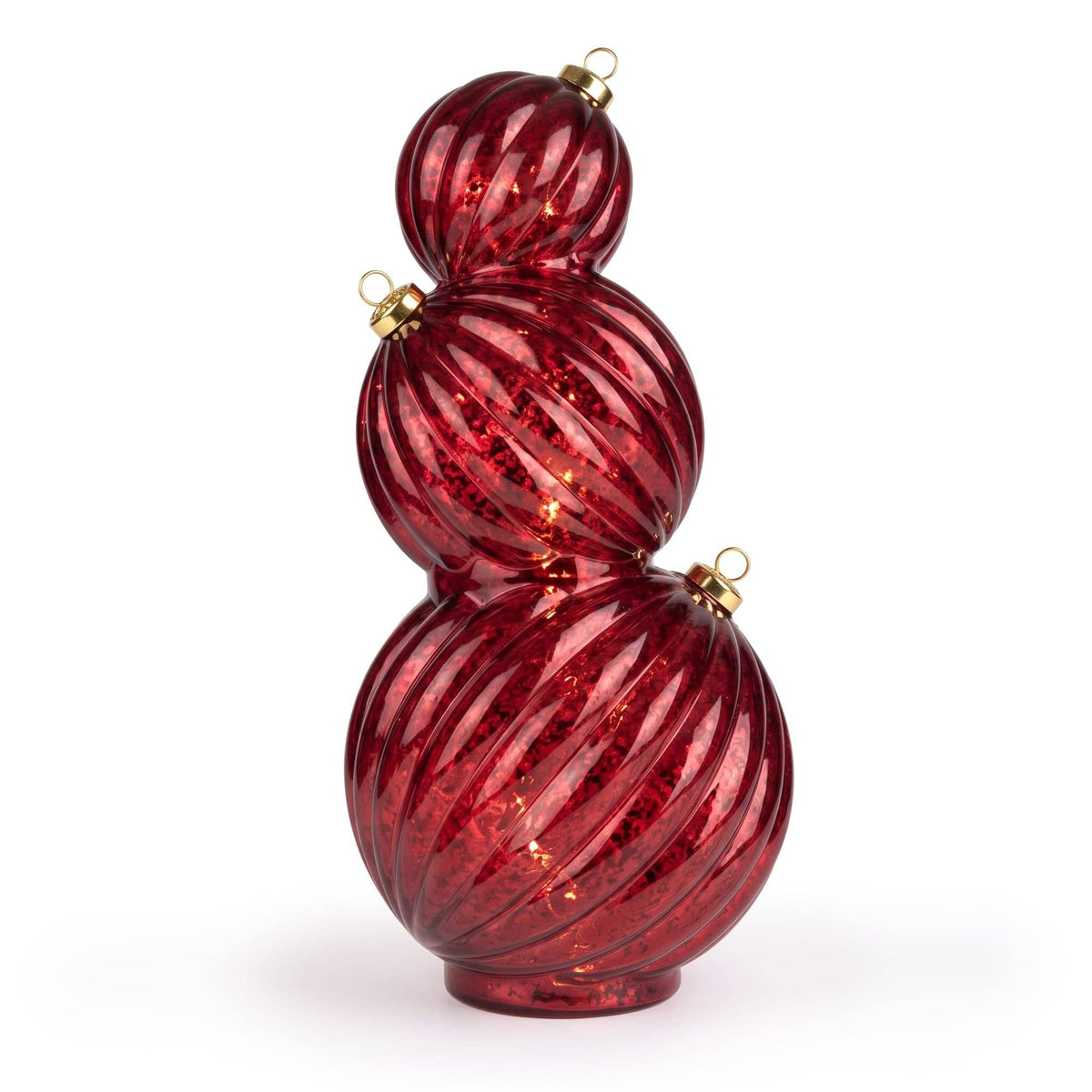 Burgundy light-up LED stacking glass baubles for Christmas decorations, illuminated with festive glow by Candlelight Products Ltd.