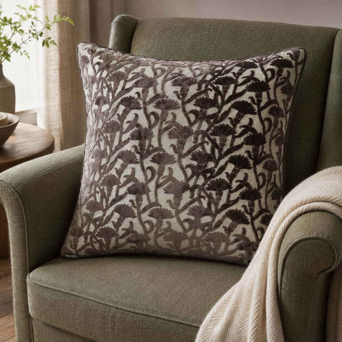 Chocolate Brown Velvet Floral Print Cushion Cover