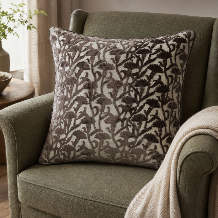 Chocolate Brown Velvet Floral Print Cushion Cover