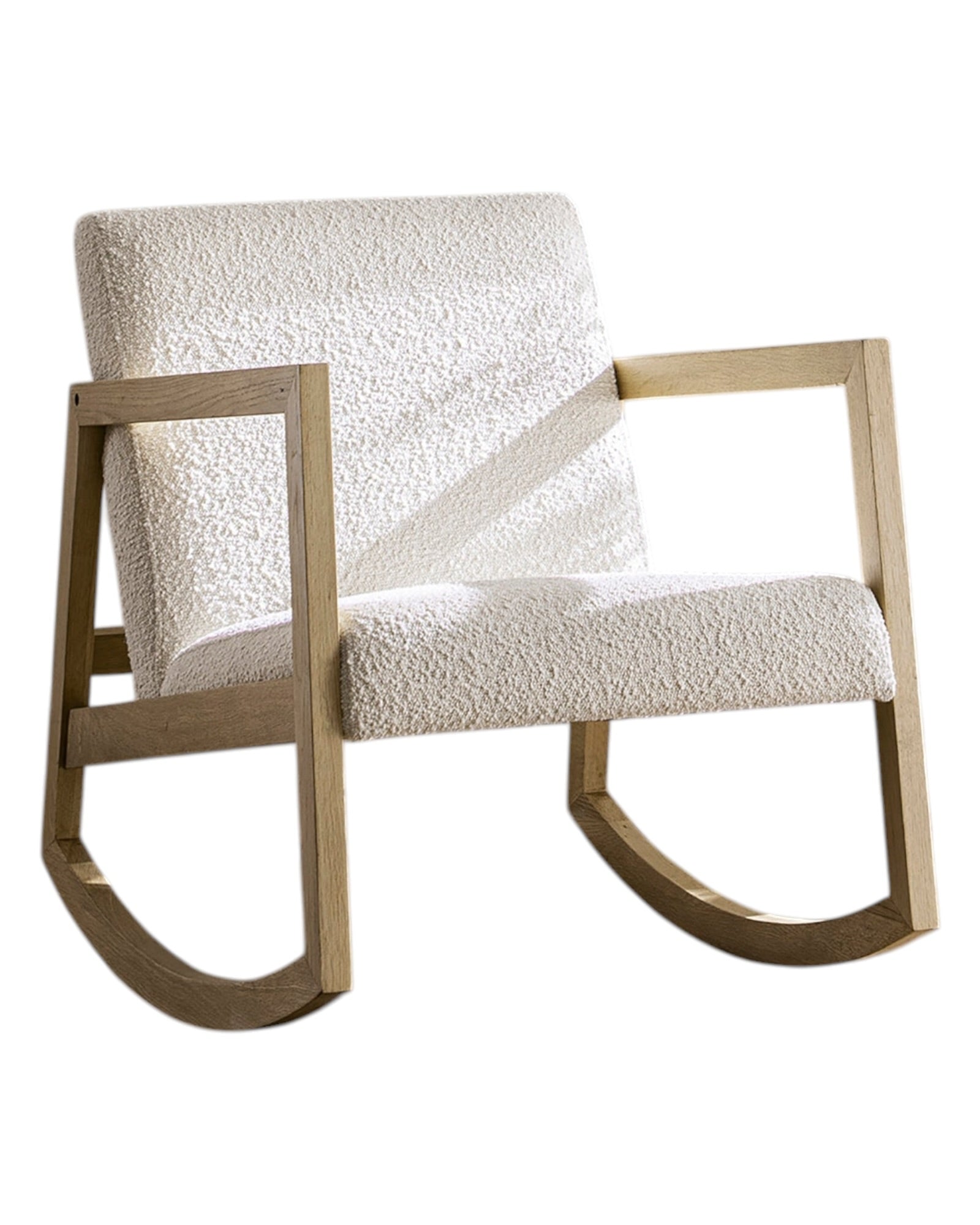 Cream boucle Sherpa rocking chair by Starlight Express with plush fabric and wooden rocking legs, comfortable and stylish for living rooms.