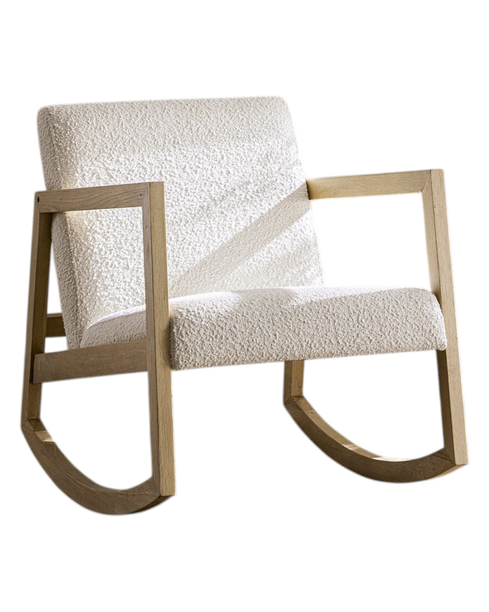 Cream boucle Sherpa rocking chair by Starlight Express with plush fabric and wooden rocking legs, comfortable and stylish for living rooms.