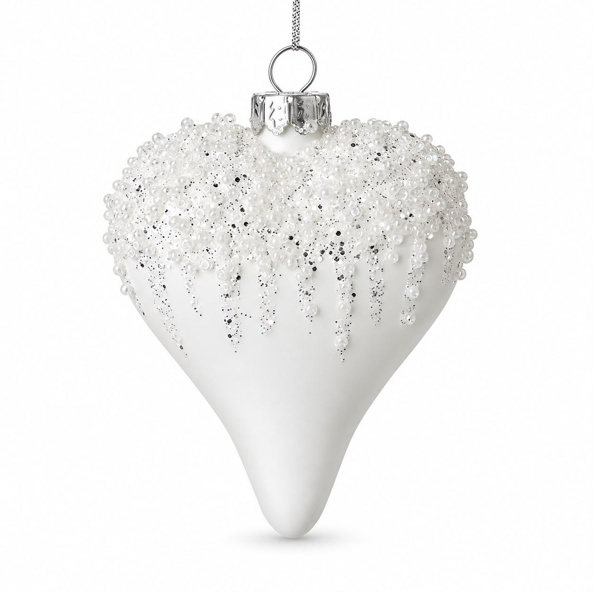White Bead Top Glass Heart Bauble, full view of the white heart bauble on white