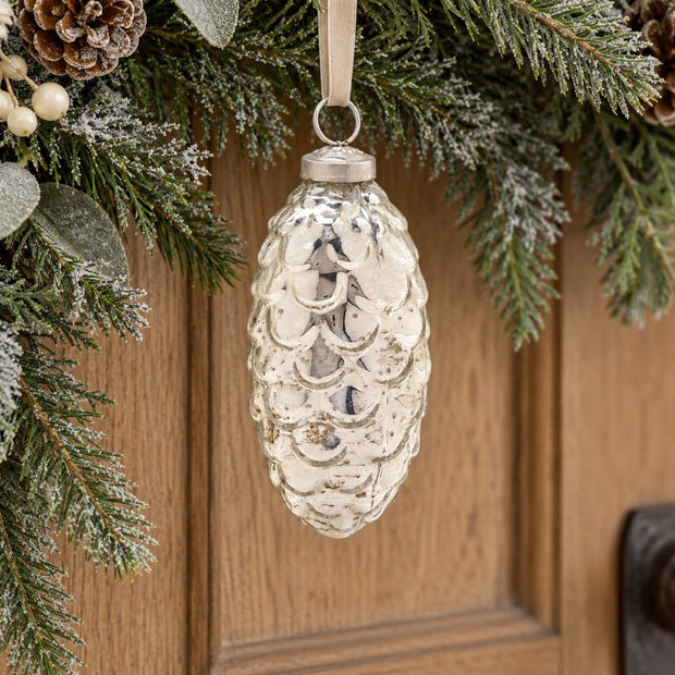 Large Glass Christmas Acorn Hanging Decoration, silver glass acorn decoration hanging from a door wreath