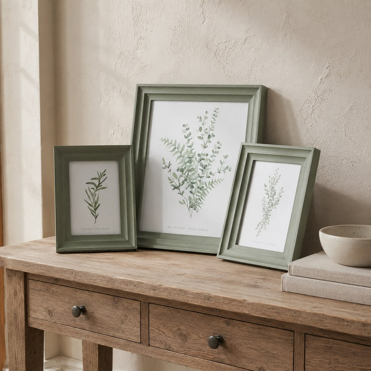 Neutral Wooden Olive / Sage Green Vilde Photo Frame, three olive green frames displayed on a wooden console
