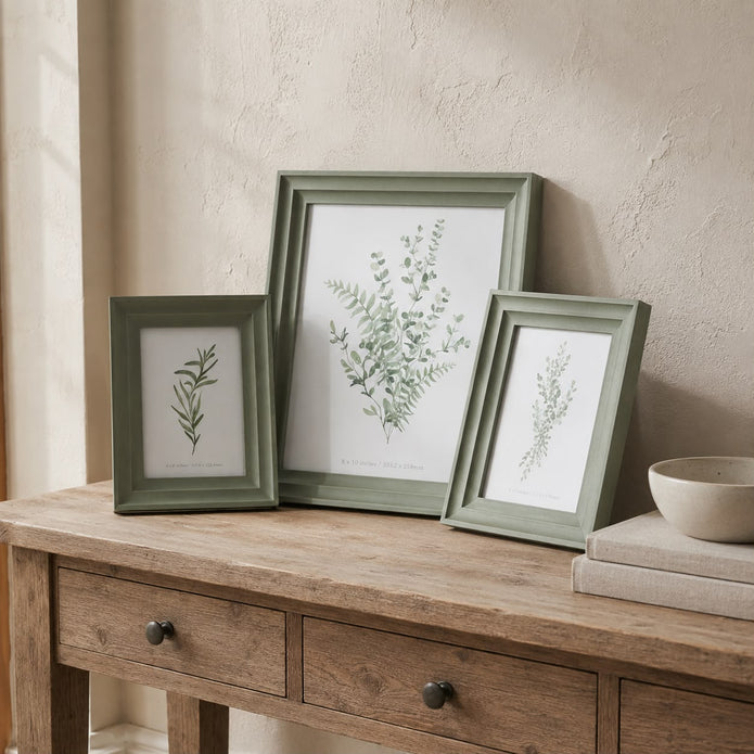 Neutral Wooden Olive / Sage Green Vilde Photo Frame, three olive green frames displayed on a wooden console