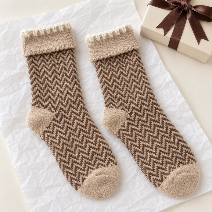 Cosy Cuff Socks - Beige Herringbone
