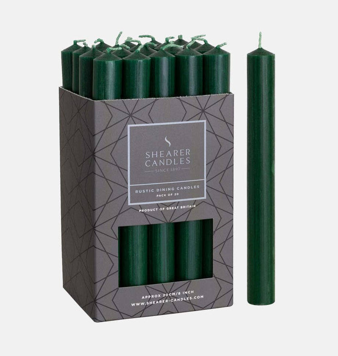 Green Christmas dinner candles by Shearer Candles, tall tapered candles ideal for holiday table settings