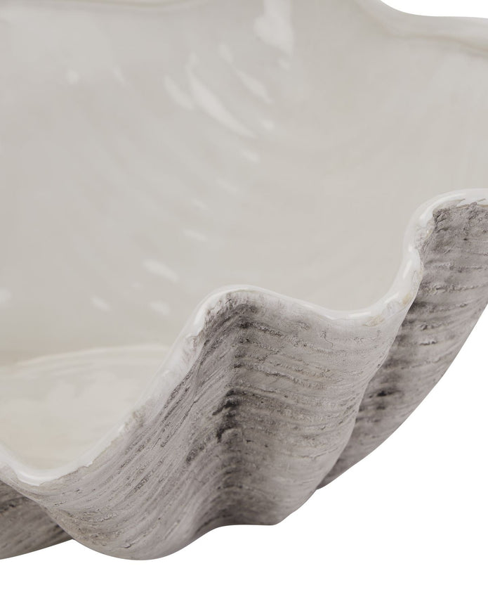 Large neutral stone clam shell bowl by Hill Interiors, elegant home decor piece with a matte finish, perfect for coastal-inspired interiors.