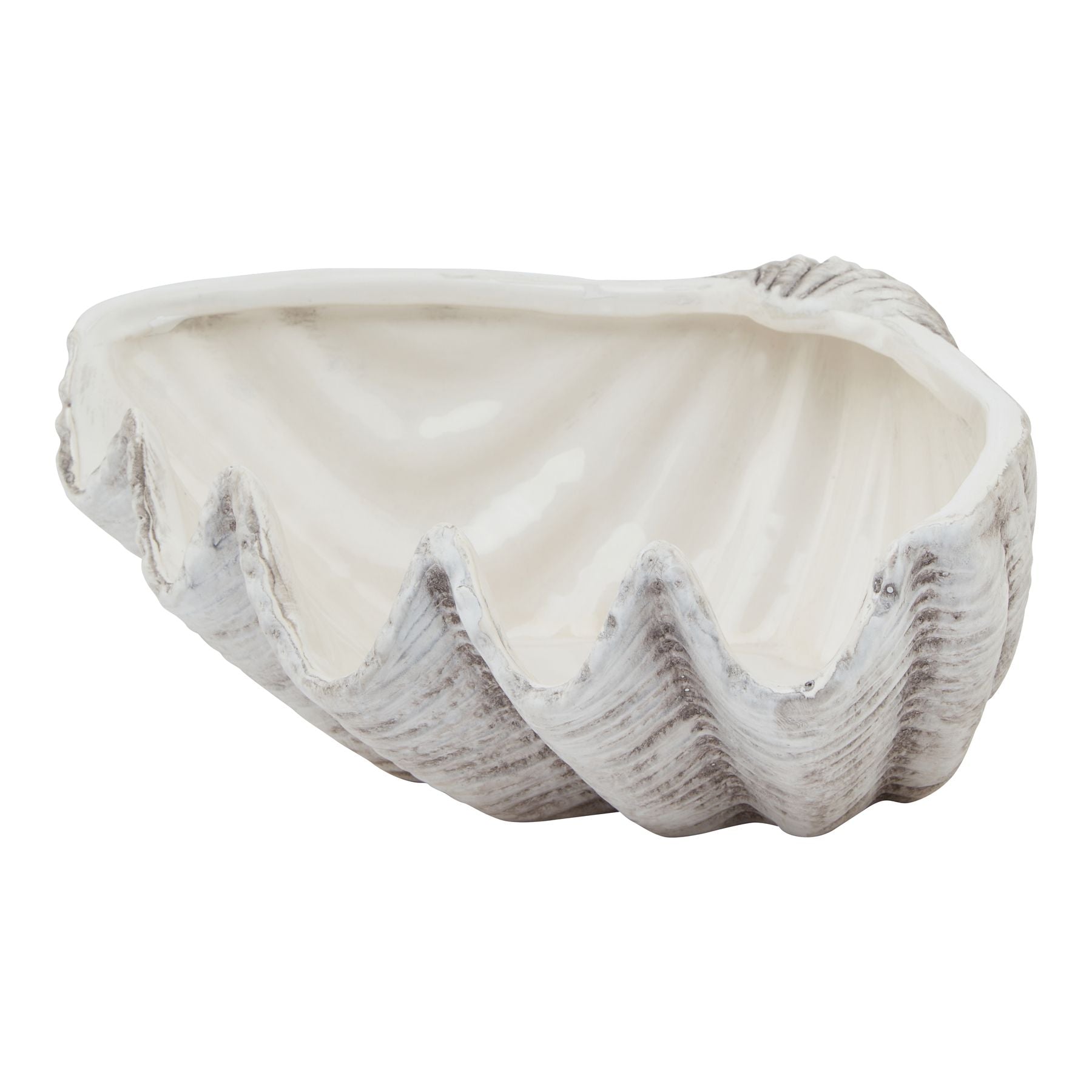 Large neutral stone clam shell bowl by Hill Interiors, ideal for home decor, featuring a matte finish and natural clam shell design.