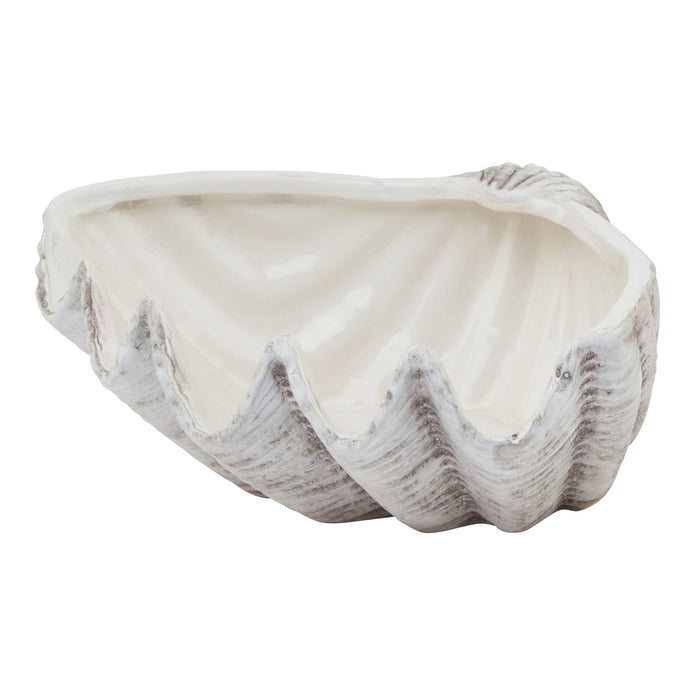 Large neutral stone clam shell bowl by Hill Interiors, ideal for home decor, featuring a matte finish and natural clam shell design.