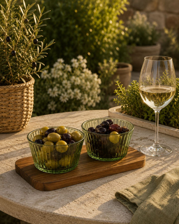 Round Glass Dishes on Tray - Green