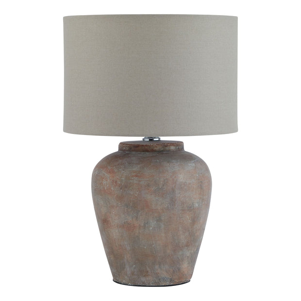 Siena medium matte brown ribbed stone table lamp from Hill Interiors, showcasing textured surface and modern lighting design.