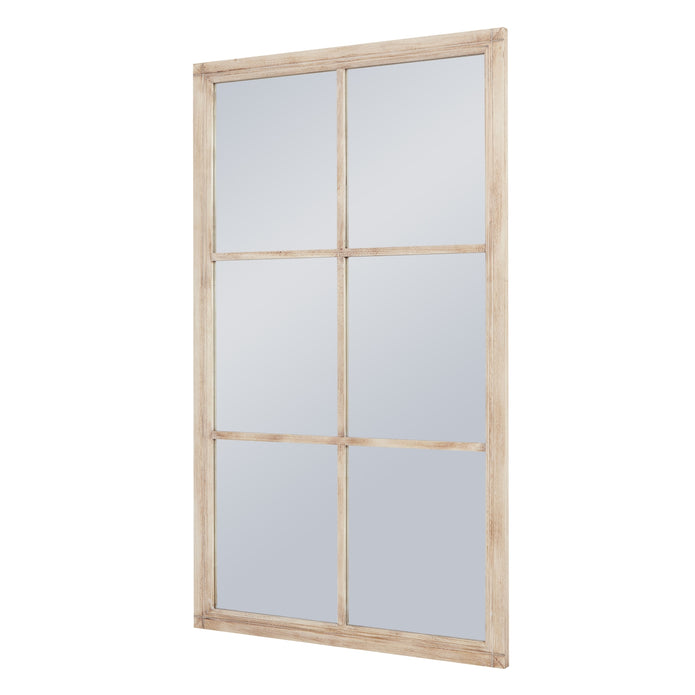 Large washed wood rectangle window framed mirror by Hill Interiors, featuring a rustic wooden frame and reflective glass surface.